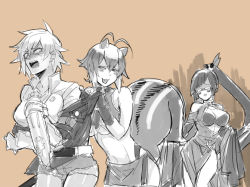 3girls animal_ears antenna_hair arc_system_works bare_shoulders belt blazblue blazblue:_chronophantasma breasts bullet_(blazblue) cleavage glasses lao_jiu large_breasts litchi_faye_ling long_hair makoto_nanaya multiple_girls navel short_hair squirrel_ears squirrel_tail tail tears tomo_(tomorag7) underboob undressing very_long_hair yuri