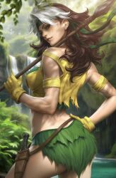 1girl armband ass biceps breasts brown_hair crop_top dagger gloves grass_skirt hand_on_own_hip headband highres holding holding_polearm holding_weapon knife looking_at_viewer looking_back marvel multicolored_hair official_alternate_costume over_shoulder polearm realistic rogue_(x-men) solo spear stanley_lau strap_slip thighs toned toned_female torn_clothes two-tone_hair water waterfall weapon weapon_over_shoulder white_hair x-men yellow_armband yellow_gloves