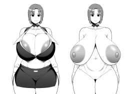 1girl amazon_(taitaitaira) breasts breasts_apart breasts_out character_request cleavage completely_nude gigantic_breasts huge_areolae huge_breasts large_areolae large_nipples looking_at_viewer medium_hair miniskirt monochrome neck_ribbon nude plump ribbon sagging_breasts simple_background skirt smile solo standing tagme thick_thighs thighs topless_female white_background