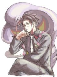 1boy arbok black-framed_eyewear black_jacket brown_hair closed_mouth collared_shirt corbeau_(pokemon) crossed_legs expressionless forked_tongue gen_1_pokemon glasses highres jacket jam_jam_odoro male_focus necktie nintendo open_clothes open_mouth pants pokemon pokemon_(creature) pokemon_legends:_z-a purple_shirt round_eyewear sharp_teeth shirt short_hair short_hair_with_long_locks simple_background solo table teeth tongue white_background white_necktie yellow_eyes