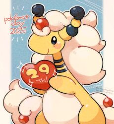 ampharos artist_name blush blush_stickers closed_mouth commentary_request gen_2_pokemon heart holding holding_heart mega_ampharos mega_pokemon nintendo no_humans outline pokemon pokemon_(creature) pokemon_day pokemon_focus smile solo sparkle tansho white_outline