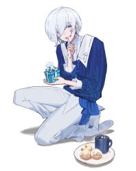 Rule 34 | 1boy, blue eyes, blue sweater, bow, box, character cookie, colored eyelashes, commentary, cookie, crescent, cup, earrings, elsword, english commentary, finger to mouth, food, footwear bow, full body, gift, gift box, grin, hair between eyes, harque ebalon, holding, holding gift, hot chocolate, jewelry, light blush, long sleeves, looking at viewer, male focus, marshmallow, mug, on one knee, pants, plate, puritan collar, shirt, short hair, shushing, simple background, slippers, smile, socks, solo, steam, stud earrings, suaviterra, sweater, untucked shirt, white background, white hair, white pants, white shirt, white slippers, white socks