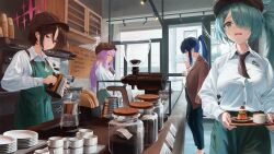 4girls absurdres apron atsuko_(blue_archive) barista black_necktie blue_archive blue_eyes blue_hair bocchi_(kuropom7) bottle breasts brown_eyes brown_hair brown_hat cabinet cafe character_request check_character closed_eyes coffee coffee_beans coffee_grinder coffee_maker coffee_pot collared_shirt counter cup disposable_cup door dress_shirt food green_apron green_eyes green_hair hair_over_one_eye hat high_ponytail highres hiyori_(blue_archive) holding holding_kettle holding_tray indoors jacket jacket_on_shoulders kettle large_breasts long_hair looking_down low-tied_long_hair menu_board misaki_(blue_archive) multiple_girls necktie peaked_cap pink_hair plate ponytail saori_(blue_archive) shirt short_hair short_necktie sidelocks tray white_shirt window