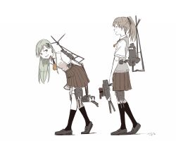 Rule 34 | 2girls, ascot, black shoes, brown hair, collared shirt, commentary request, dark skin, from side, green hair, grey sweater, hair ornament, hairclip, holding, kantai collection, kawashina (momen silicon), kneehighs, kumano (kancolle), leaning forward, long hair, multiple girls, open mouth, orange ascot, pleated skirt, ponytail, shirt, shoes, simple background, skirt, socks, suzuya (kancolle), sweater, walking, white background, white shirt
