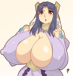 1girl an_itari artist_name artist_request bare_shoulders breasts bridal_gauntlets brown_eyes circlet cleavage covered_erect_nipples detached_sleeves dress female_focus forehead forehead_jewel frilled_dress frills gigantic_breasts hands_up headdress highres jewelry kyonyuu_fantasy large_nipples looking_at_viewer mole mole_under_eye open_mouth purple_dress roxanne_de_desir shiny_skin simple_background solo upper_body veil