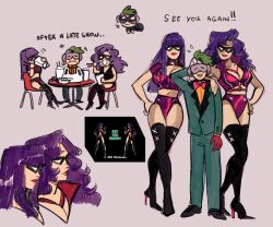 Rule 34 | 1boy, 2girls, bag, boots, bow, bowtie, chair, chibi, chopsticks, closed eyes, cyborg, domino mask, eating, english text, f-zero, f-zero x, formal clothes, green hair, hand on another&#039;s shoulder, hand on own hip, high heel boots, high heels, highres, long hair, mask, monkii (mjooolnina), mr. zero (f-zero), multiple girls, nintendo, open mouth, plastic bag, purple hair, red background, red lips, reference inset, sitting, smile, suit, sweat, table, thigh boots, wavy hair
