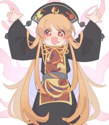 Rule 34 | 1girl, :d, absurdres, arms up, black dress, black hat, blonde hair, chinese clothes, crescent, crescent moon, dalachi (headdress), dress, drooling, energy tail, fox tail, grey sash, gumingdi ban, hat, highres, junko (touhou), long hair, long sleeves, looking at viewer, moon, mouth drool, multiple tails, obi, open mouth, red eyes, red tabard, sash, simple background, smile, solo, tabard, tail, touhou, very long hair, white background, wide sleeves