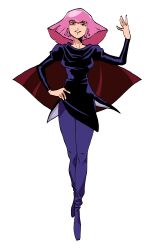 1girl absurdres arm_up black_dress cape commentary dress english_commentary full_body gundam haman_karn hand_on_own_hip highres kawoshiki long_sleeves looking_at_viewer medium_hair parted_lips pink_eyes pink_hair red_cape simple_background smile solo standing straight-on two-sided_cape two-sided_fabric white_background zeta_gundam