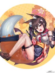 Rule 34 | 1girl, absurdres, alternate hairstyle, animal ear fluff, animal ears, asymmetrical legwear, blue archive, boots, breasts, brown boots, brown hair, commentary request, double fox shadow puppet, fang, fishnets, fox ears, fox girl, fox hair ornament, fox shadow puppet, fox tail, gloves, halo, highres, izuna (blue archive), japanese clothes, korean commentary, kunai, medium breasts, mismatched legwear, panties, partially fingerless gloves, pink halo, pink scarf, scarf, school uniform, side ponytail, single thighhigh, skin fang, skirt, solharuu, solo, tail, thighhighs, underwear, weapon, white panties