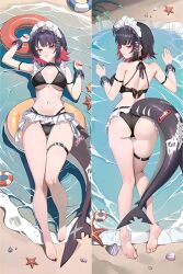 1girl alternate_costume artist_request ass black_hair breasts dakimakura_(medium) disgust ellen_joe feet fins fish_tail full_body large_breasts lifebuoy looking_back multicolored_hair navel ocean red_hair sand serious shark_girl shark_tail short_hair soles starfish swim_ring swimsuit tail two-tone_hair water yellow_eyes zenless_zone_zero