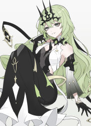 1girl absurdres asymmetrical_gloves black_gloves black_tiara breasts dress earrings elbow_gloves gloves green_hair grey_dress highres honkai_(series) honkai_impact_3rd jewelry long_hair mobius_(honkai_impact) parted_lips revealing_clothes simple_background slit_pupils small_breasts solo spikes tiara torein_(and_rain3) twitter_username uneven_gloves very_long_hair white_background