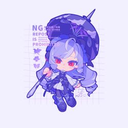 1girl akr0094 chibi chibi_only commentary_request frilled_hairband frills frown hairband highres holding holding_umbrella long_hair looking_at_viewer mole mole_under_eye pantyhose purple_hair purple_pantyhose purple_skirt shirt signature skirt solo umbrella very_long_hair vivian_banshee watermark white_background white_shirt zenless_zone_zero