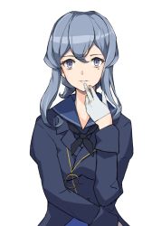 Rule 34 | 1girl, black neckerchief, blue eyes, blue hair, blue sailor collar, female focus, finger to mouth, gloves, gotland (kancolle), hair between eyes, half gloves, kantai collection, long hair, looking at viewer, military, military uniform, mole, mole under eye, neckerchief, sailor collar, solo, upper body, white gloves, yamaioni (sasakama)