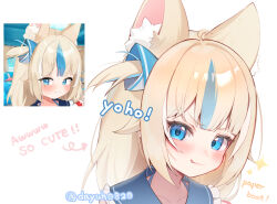 Rule 34 | 1girl, :3, ahoge, animal ear fluff, animal ears, blonde hair, blue eyes, blue hair, blue sailor collar, blue streaks, blush, cat ears, collar, commentary, dayuh, derivative work, english commentary, english text, fang, frills, highres, indie virtual youtuber, long hair, looking at viewer, low twintails, multicolored hair, one side up, portrait, sailor collar, sameko saba, screenshot redraw, sidelocks, simple background, smile, smug, solo, sparkle, streaked hair, twintails, twitter username, virtual youtuber, white background, white hair, white streaks