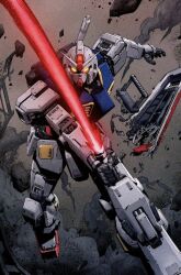 artist_request battle damaged debris duel dust_cloud glowing glowing_eyes gundam highres machinery mecha mecha_focus mobile_suit mobile_suit_gundam no_humans realistic robot ruins running_towards_viewer rx-78-2_gundam scan science_fiction shield smoke solo traditional_media v-fin weapon western_comics_(style) yellow_eyes