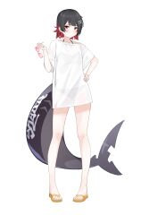 1girl absurdres black_bra black_hair black_panties blush bra colored_inner_hair ellen_joe fins fish_tail flip-flops full_body hand_on_own_hip highres holding holding_removed_eyewear mole mole_under_eye multicolored_hair opm7760 panties razor_blade_hair_ornament red_eyes sandals scar scar_on_tail see-through_clothes see-through_shirt shark_girl shark_tail shirt sunglasses tail underwear unworn_eyewear white_background white_shirt zenless_zone_zero