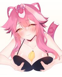 1girl :3 absurdres animal_ears banana between_breasts black_bra blush bra breasts closed_mouth collarbone commentary cropped_torso eyeshadow food fruit hair_intakes highres hololive hololive_english hoshiiii_art large_breasts long_hair makeup medium_breasts multicolored_hair narrowed_eyes panther_ears panther_girl panther_tail pink_eyeshadow pink_hair raora_panthera smile streaked_hair tail two-tone_hair underwear virtual_youtuber white_background yellow_eyes