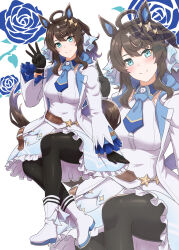 1girl absurdres ahoge animal_ears black_gloves black_pantyhose blue_eyes boots breasts closed_mouth commentary_request daring_tact_(umamusume) full_body gloves hair_between_eyes hair_ornament highres horse_ears horse_girl horse_tail jacket long_hair looking_at_viewer medium_breasts middle_w necktie pantyhose ribehachi sitting sleeveless smile solo star_(symbol) star_hair_ornament tail umamusume w white_background white_jacket zoom_layer