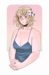 1girl aatom87 arm_hair blue_dress breasts brown_hair cleavage dress dungeon_meshi falin_touden falin_touden_(tallman) flower hair_flower hair_ornament half-closed_eyes highres large_breasts looking_at_viewer short_hair solo upper_body