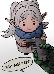Rule 34 | 1boy, 1girl, :3, = =, basedlida, chibi, coat, doom (series), doomguy, elf, english text, frieren, go do a crime (meme), gun, handgun, highres, meme, pointy ears, rip and tear (phrase), scarf, sousou no frieren, speech bubble, twintails, v-shaped eyebrows, weapon, white background