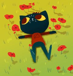 animal_ears artist_squared black_fur blue_footwear blue_pants cat_ears flower furry furry_female grass highres lying mae_borowski night_in_the_woods pants red_pupils shirt whiskers yellow_eyes