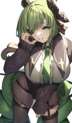 Rule 34 | 1girl, absurdres, alternate eye color, aoi gorilla, black leotard, black thighhighs, breasts, brown horns, center frills, commentary request, cowboy shot, curled horns, demon girl, demon horns, demon tail, eyepatch, frills, green eyes, green hair, green necktie, highres, horns, large breasts, leaning forward, leotard, leotard under clothes, long sleeves, looking at viewer, nanashi inc., necktie, sekishiro mico, shirt, short hair, simple background, solo, tail, thighhighs, virtual youtuber, white background, white shirt