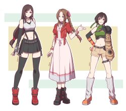 3girls absurdres aerith_gainsborough bangle bare_shoulders belt black_boots black_choker black_gloves black_hair black_skirt black_sports_bra black_thighhighs boots bracelet braid braided_ponytail breasts brown_eyes brown_hair choker closed_mouth commentary crop_top cropped_sweater dress earrings elbow_gloves english_commentary final_fantasy final_fantasy_vii final_fantasy_vii_remake fingerless_gloves full_body gloves green_eyes green_sweater grin hair_ribbon hand_on_own_hip headband height_difference highres jacket jewelry long_hair looking_at_viewer low-tied_long_hair medium_breasts melodymiisafer midriff miniskirt multiple_girls navel open_clothes open_jacket parted_bangs parted_lips pink_dress pink_ribbon ponytail red_boots red_eyes red_jacket ribbed_socks ribbed_sweater ribbon short_hair shorts single_earring single_shoulder_pad skirt sleeveless sleeveless_turtleneck smile socks sports_bra standing suspender_skirt suspenders sweater swept_bangs tank_top thighhighs tifa_lockhart turtleneck turtleneck_sweater white_socks white_tank_top yuffie_kisaragi zettai_ryouiki