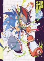 2boys absurdres back-to-back black_fur blue_fur clenched_teeth earth_(planet) full_body furry furry_male gloves green_eyes grid_background grin hedgehog_boy highres male_focus multiple_boys planet puppeteer7777 red_eyes red_fur shadow_the_hedgehog shoes smile sneakers sonic_(series) sonic_the_hedgehog sparkle teeth white_gloves