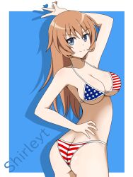 Rule 34 | 1girl, absurdres, american flag, american flag bikini, american flag print, ass, bikini, blue eyes, breasts, butt crack, charlotte e. yeager, cleavage, closed mouth, collarbone, flag print, flag print bikini, hand on own hip, highres, large breasts, long hair, looking at viewer, orange hair, print bikini, simple background, sitekisyugi, smile, solo, strike witches, swimsuit, v, world witches series
