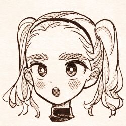 Rule 34 | 1girl, blush, eisu (eith), forehead, greyscale, hairband, harsha (eisu), highres, medium hair, monochrome, open mouth, original, screentones, simple background, teeth, thick eyebrows, turtleneck, twintails, upper body, upper teeth only, white background