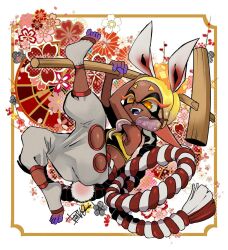 1girl animal_ears arms_up asymmetrical_hair baggy_pants bare_shoulders blonde_hair blue_tongue chinese_zodiac colored_tongue commentary_request cropped_legs dark-skinned_female dark_skin eyelashes fangs flower_symbol forehead frye_(deep_cut_outfit)_(splatoon) frye_(splatoon) full_body gradient_hair grey_pants grey_socks harem_pants holding holding_mallet inkling isamu-ki_(yuuki) kikumon kine kouhaku_nawa mallet medium_hair multicolored_hair new_year nintendo open_mouth pants pointy_ears purple_hair rabbit_ears rabbit_girl rabbit_tail rope sakuramon shimenawa shirt short_eyebrows sleeveless sleeveless_shirt smile socks solo splatoon_(series) splatoon_3 star-shaped_pupils star_(symbol) symbol-shaped_pupils tail tassel teeth tentacle_hair toeless_legwear white_background year_of_the_rabbit yellow_eyes yellow_shirt