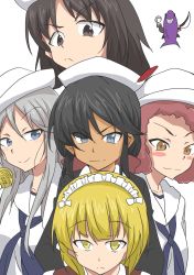 10s 5girls black_cape black_hair black_neckerchief blonde_hair blue_neckerchief blush_stickers brown_eyes brown_hair cape closed_mouth commentary cutlass_(girls_und_panzer) dark-skinned_female dark_skin dixie_cup_hat drz_0318 emblem flint_(girls_und_panzer) frown girls_und_panzer girls_und_panzer_saishuushou grey_eyes grey_hair hat highres hook long_hair looking_at_viewer maid_headdress microphone military_hat multiple_girls neckerchief red_hair rum_(girls_und_panzer) sailor scar shark shirt short_hair silver_(girls_und_panzer) smile smirk sword valor_(girls_und_panzer) weapon white_shirt yellow_eyes