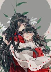 1boy 1girl arm_around_shoulder bead_necklace beads black_hair blush closed_mouth couple flower hair_between_eyes hair_tie hand_on_another&#039;s_head hetero highres higurashi_kagome hug inuyasha inuyasha_(character) japanese_clothes jewelry lily_(flower) long_hair low-tied_long_hair miko necklace open_mouth red_shirt shirt sidelocks smile tooth_necklace upper_body white_flower white_shirt xue_ezi