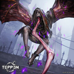 1girl ankle_cuffs capcom castle cloak day flying highres hood horror_(theme) jun_ishimaru looking_at_viewer monster monster_focus monster_girl official_art open_mouth proboscis resident_evil resident_evil_village samca sharp_teeth snow teeth teppen tongue tongue_out wings winter