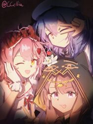 Rule 34 | 1boy, 2girls, :d, ;), ;d, absurdres, arknights, blue hair, bow, brown hair, chinese commentary, closed mouth, commentary request, fang, frilled bow, frills, gloves, gold, goldenglow (arknights), goldenglow (party in the garden) (arknights), hair bow, hair ornament, hands on own cheeks, hands on own face, head chain, heart, heart hair ornament, highres, hood, hood up, jewelry, long hair, medium hair, mizuki (arknights), multicolored hair, multiple girls, official alternate costume, one eye closed, open mouth, pepe (arknights), pink eyes, pink hair, plaid bow, red bow, sakuratani hane, smile, spotlight, twitter username, two-tone hair, upper body, v, w, watermark, white gloves, yellow eyes