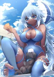 1girl absurdres alain_(alain23desu) bare_shoulders beach_umbrella blue_eyes blue_one-piece_swimsuit blue_thighhighs breasts cleavage cloud collarbone criss-cross_halter crossed_bangs dark-skinned_female dark_skin dog dorsiflexion facial_mark feet fins fish_tail food foot_out_of_frame grey_hair hair_between_eyes halterneck head_fins highres holding holding_ice_cream_cone ice_cream ice_cream_cone ice_cream_cone_spill indie_virtual_youtuber knee_up large_breasts long_hair no_shoes o-ring o-ring_thigh_strap one-piece_swimsuit shark_girl shark_tail sky soles solo swimsuit tail thigh_strap thighhighs toes trinity_infinity umbrella virtual_youtuber water wet whisker_markings