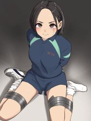 1girl arms_behind_back black_hair blue_shirt blue_shorts bound bound_legs breasts brown_eyes closed_mouth commentary_request dochi_(dosa_dosa_dosa) grey_background hair_ornament hairclip highres looking_at_viewer medium_breasts original paid_reward_available restrained shirt shoes short_hair shorts single_shoe socks solo white_socks