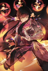 1girl armor au_ra black_hair black_pants blunt_ends covered_mouth dragon_horns fighting_stance final_fantasy final_fantasy_xiv foot_out_of_frame furrowed_brow gradient_background hair_ribbon highres horns legs_apart long_hair looking_at_viewer low_twintails mugi_kosuta ninja_(final_fantasy) ninjutsu pants pauldrons pink_scarf ribbon salute scales scarf serious shoulder_armor sidelocks single_pauldron solo twintails two-finger_salute v-shaped_eyebrows vambraces yellow_eyes yugiri_mistwalker