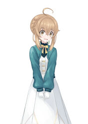1girl ahoge aqua_jacket averting_eyes blush braid brown_eyes brown_hair corset embarrassed eyebrows_hidden_by_hair fidgeting flat_chest gloves hair_between_eyes highres jacket long_skirt looking_to_the_side medium_hair monica_everett neck_ribbon open_mouth ribbon school_uniform shirataki_yaen silent_witch simple_background skirt solo wavy_mouth white_background white_corset white_gloves white_skirt yellow_ribbon
