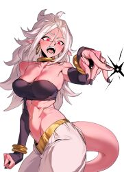 Rule 34 | 1girl, abs, absurdres, android 21, bandeau, black nails, bracelet, breasts, cleavage, colored skin, detached sleeves, dragon ball, dragon ball fighterz, earrings, glasses, grey hair, highres, hoop earrings, jewelry, large breasts, long hair, midriff, navel, open mouth, pink skin, pointy ears, red eyes, solo, stomach, tail, zequung