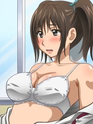 1girl agata_saaya awa bare_shoulders black_eyes black_hair blush bra breasts cleavage collarbone eyebrows female_focus indoors large_breasts looking_away open_clothes parted_lips school_uniform sket_dance solo twintails underwear upper_body white_bra window