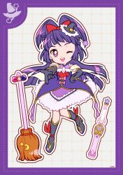 1girl ankle_bow ankle_ribbon ascot bare_shoulders black_gloves black_hat black_shoes black_socks blunt_bangs blunt_ends border bow bow_button bracelet bright_pupils broom cure_magical deformed dot_nose dotted_line dress earrings elbow_gloves eyelashes floating_clothes floating_hair frilled_dress frills full_body gloves gold_bracelet grey_background grid_background hair_bow hand_on_own_hip happy hat hat_ornament high_heels high_ponytail highres izayoi_liko jewelry kneehighs layered_dress leg_up long_hair looking_at_viewer magical_girl mahou_girls_precure! medium_dress mini_hat mini_witch_hat one_eye_closed open_mouth outline pink_bow pointing ponytail precure purple_border purple_dress purple_eyes purple_hair red_ascot red_bow ribbon shawl shoes short_ponytail signature sleeveless sleeveless_dress smile socks solo split_ponytail star_(symbol) star_earrings star_hat_ornament star_wand stiletto_heels teeth upper_teeth_only uwded_207 very_long_hair white_outline white_pupils white_shawl witch_hat