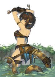 1girl absurdres arknights arm_strap arms_up bandeau bare_shoulders black_gloves blue_eyes blue_hairband brown_bandeau brown_hair brush chinese_commentary commentary_request covered_mouth earrings eunectes_(arknights) feet_out_of_frame flower from_behind gloves grass hair_flower hair_ornament hairband highres holding holding_brush holding_wrench jewelry looking_back multicolored_eyes outdoors pointy_ears pouch short_hair shouzhuabingyishujia snake_tail solo standing tail tail_ornament tassel tassel_earrings wading water white_background wrench yellow_eyes