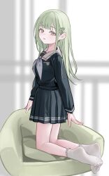 Rule 34 | 1girl, absurdres, bang dream!, bang dream! it&#039;s mygo!!!!!, black shirt, black skirt, from behind, full body, green hair, highres, kneeling, long hair, long sleeves, nagata gata, neckerchief, no shoes, parted lips, pleated skirt, school uniform, serafuku, shirt, skirt, socks, solo, wakaba mutsumi, white neckerchief, white socks, yellow eyes