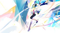 1girl abstract_background aqua_eyes aqua_hair aqua_necktie arm_up black_sleeves boots catch_the_wave_(vocaloid) commentary detached_sleeves foot_up full_body hatsune_miku hatsune_miku_(catch_the_wave) headset highres looking_at_viewer multicolored_background necktie number_tattoo open_mouth skirt smile solo tattoo thigh_boots tiptoes twintails vocaloid white_background yyb