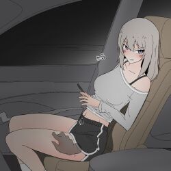 1girl black_shorts blue_eyes blush bra_strap car_interior casual cellphone commentary disembodied_hand dolphin_shorts frown girls_und_panzer glaring grey_hair grey_shirt grimace guropara hand_on_another&#039;s_thigh highres holding holding_phone itsumi_erika korean_text long_sleeves looking_at_viewer medium_hair midriff navel off_shoulder phone shirt short_shorts shorts sitting smartphone socks sweat t-shirt vehicle_interior white_socks