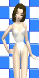 1girl 3d blue_background breasts brown_hair checkered_background cleavage closed_eyes collarbone hand_on_own_hip highleg highleg_leotard ichijouji_ayumi leotard magical_date medium_breasts navel nipples open_mouth pixel_art pubic_hair pussy saiwai_hiroshi see-through_clothes see-through_leotard short_hair smile standing taito two-tone_background white_background white_leotard
