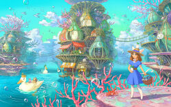 1girl air_bubble animal animal_ears animal_on_head basket bird blue_dress blue_eyes boat brown_hair bubble cage cat cat_ears cat_tail cloud coral day dress duck fish hat holding ocean on_head original outdoors pantyhose rabbit scenery short_sleeves sky smile standing starfish tail tree water watercraft yukoiwase