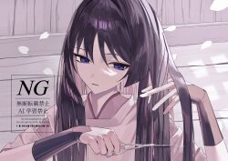 1boy alternate_hair_length alternate_hairstyle appon_pon armor black_hair blunt_ends clenched_hand cutting_hair cutting_own_hair empty_eyes eyeliner eyeshadow falling_petals genshin_impact hand_in_own_hair hands_up highres holding holding_scissors japanese_armor japanese_clothes kariginu kimono kote kurokote layered_sleeves long_hair looking_to_the_side makeup open_hand parted_lips petals portrait purple_eyes purple_kimono purple_sleeves red_eyeliner red_eyeshadow scaramouche_(genshin_impact) scaramouche_(kabukimono)_(genshin_impact) scissors solo tsurime v-neck watermark white_petals white_sleeves wispy_bangs
