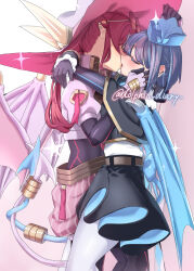 2girls blue_hair blue_wings blush breasts closed_eyes demon_girl demon_wings duel_monster evil_twin_ki-sikil evil_twin_lil-la head_tilt highres iruka_no_kasa_(dolphin_diary) jacket ki-sikil_(yu-gi-oh!) large_breasts lil-la_(yu-gi-oh!) long_hair medium_hair multiple_girls pantyhose pink_hair red_hair short_hair white_pantyhose wings yu-gi-oh! yuri